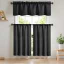 Easy Home 3 Piece Solid Color Blackout Window Curtain Set with Tiers and Valance Rod Pocket Thermal Privacy Curtain Tiers for Kitchen, Living Room, Bathroom Shades, W27 x L36 Inch,Black