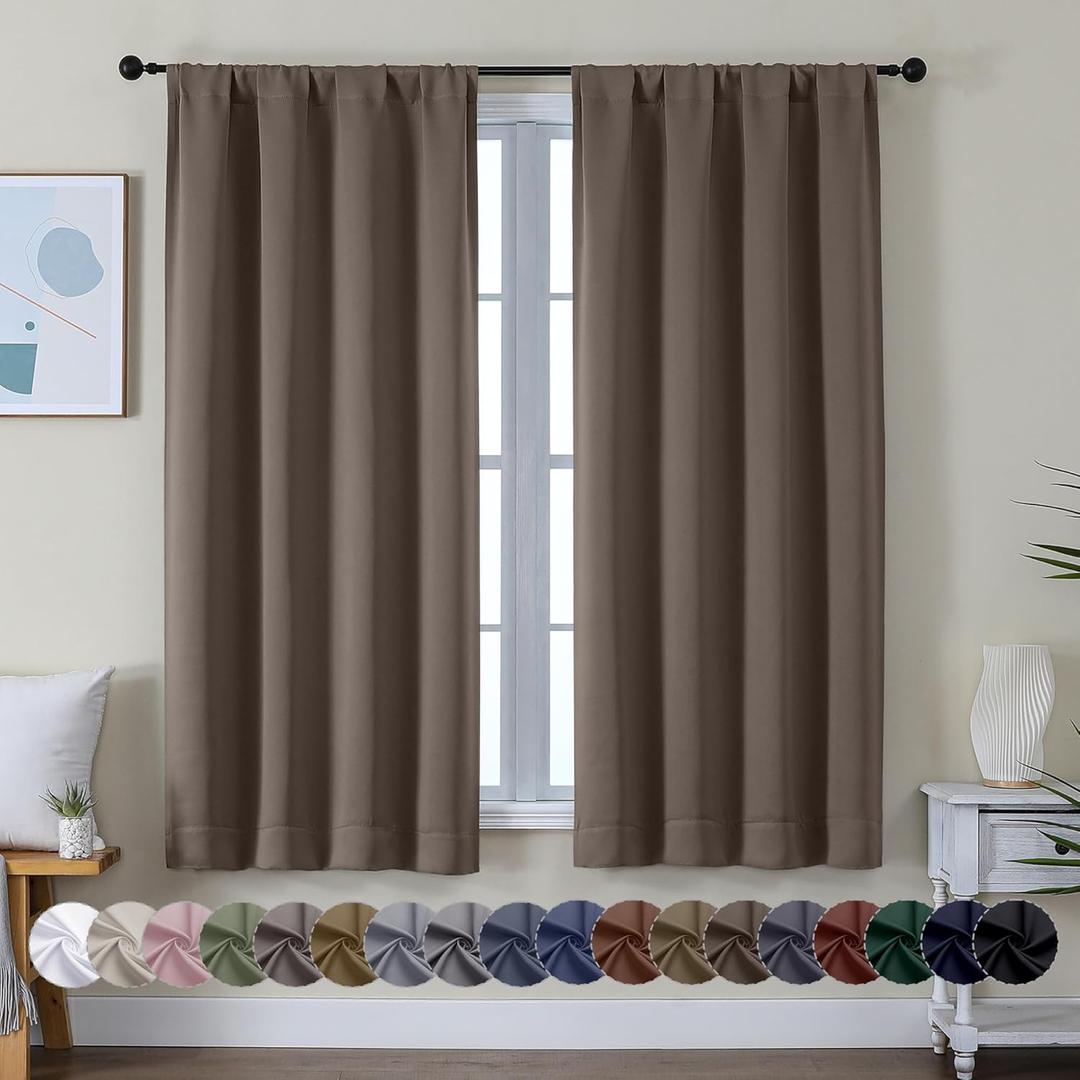 Simplebrand Ava Brown Blackout Curtains for Bedroom 63 Inch Length 2 Panels Set, Solid Thermal Insulated Energy Saving Rod Pocket Window Treatment Curtains Blackout Drapes, W40 x L63 Inch, Brown (40"W x 63"L (Pack of 2), Brown)