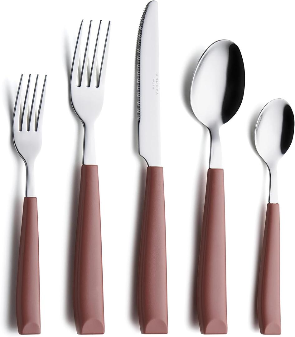 ANNOVA Silverware Set Stainless Steel Colorful Handle Tableware Kitchen Flatware Set Utensils, Includes Dinner Knives, Forks, Spoons & Dessert Spoons (Brown, 16 Pieces) (Large)