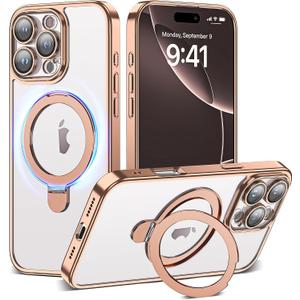 Compatible with iPhone 16 Pro Case with Magnetic Ring Stand [Camera Len Protectors][Compatible with Mag-Safe] Clear Plating Phone Case for iPhone 16 Pro 6.3",Desert Gold