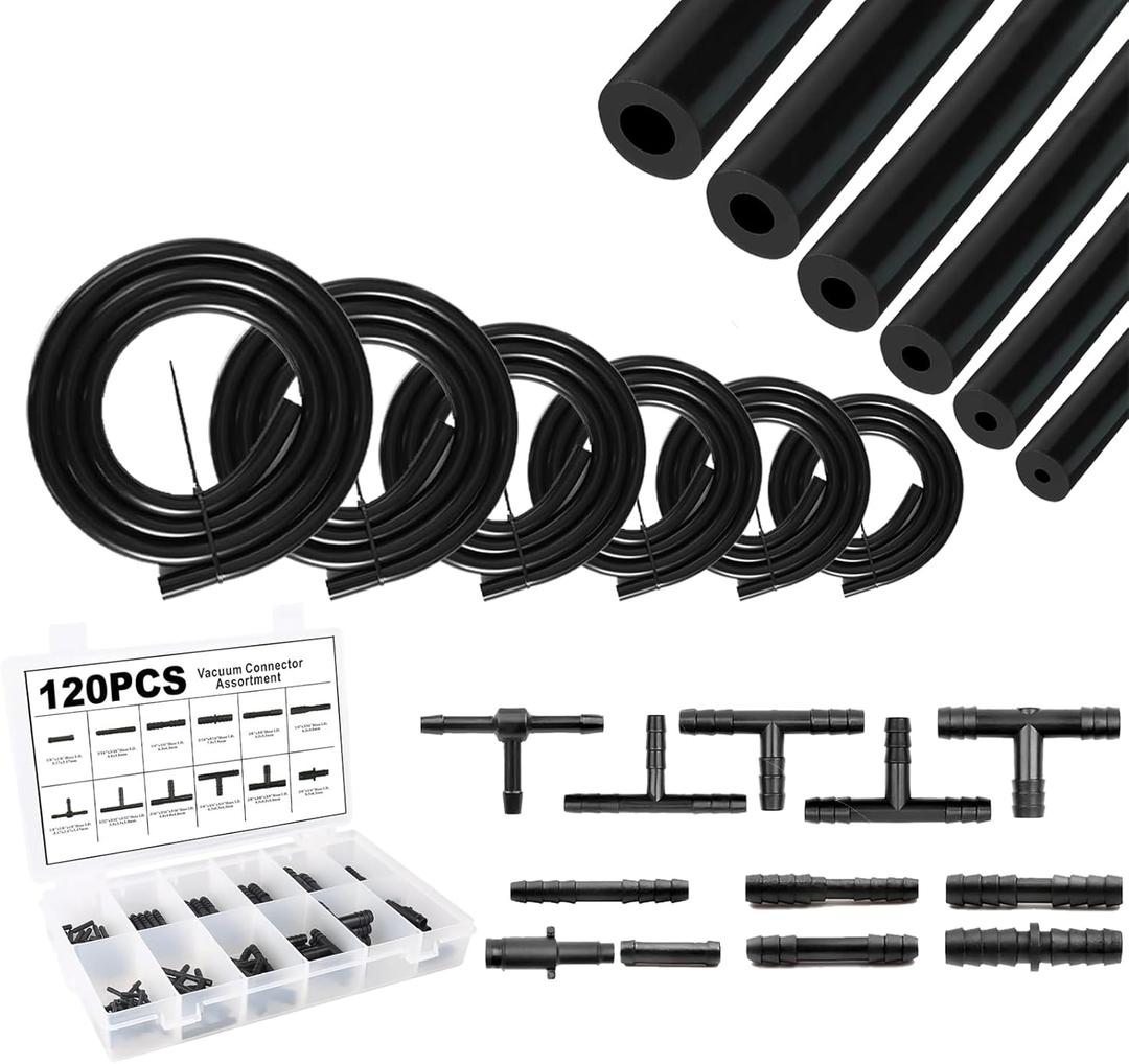 Silicone Vacuum Tubing Hose With 12 Sizes 120PCS Nylon Connector, 1/8" 5/32" 3/16" 1/4" 5/16" 3/8"ID 6.6FT 6PSC High Performance 130PSI Automotive Replacement Silicone Vacuum Tubing Hose line Kit