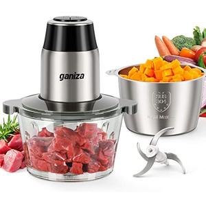 GANIZA Food Processors, Electric Food Chopper with Meat Grinder & Vegetable Chopper - 2 Bowls (8 Cup+8 Cup) with Powerful 450W Copper Motor - Includes 2 Sets of Bi-Level Blades for Fruits/Meat/Nuts
