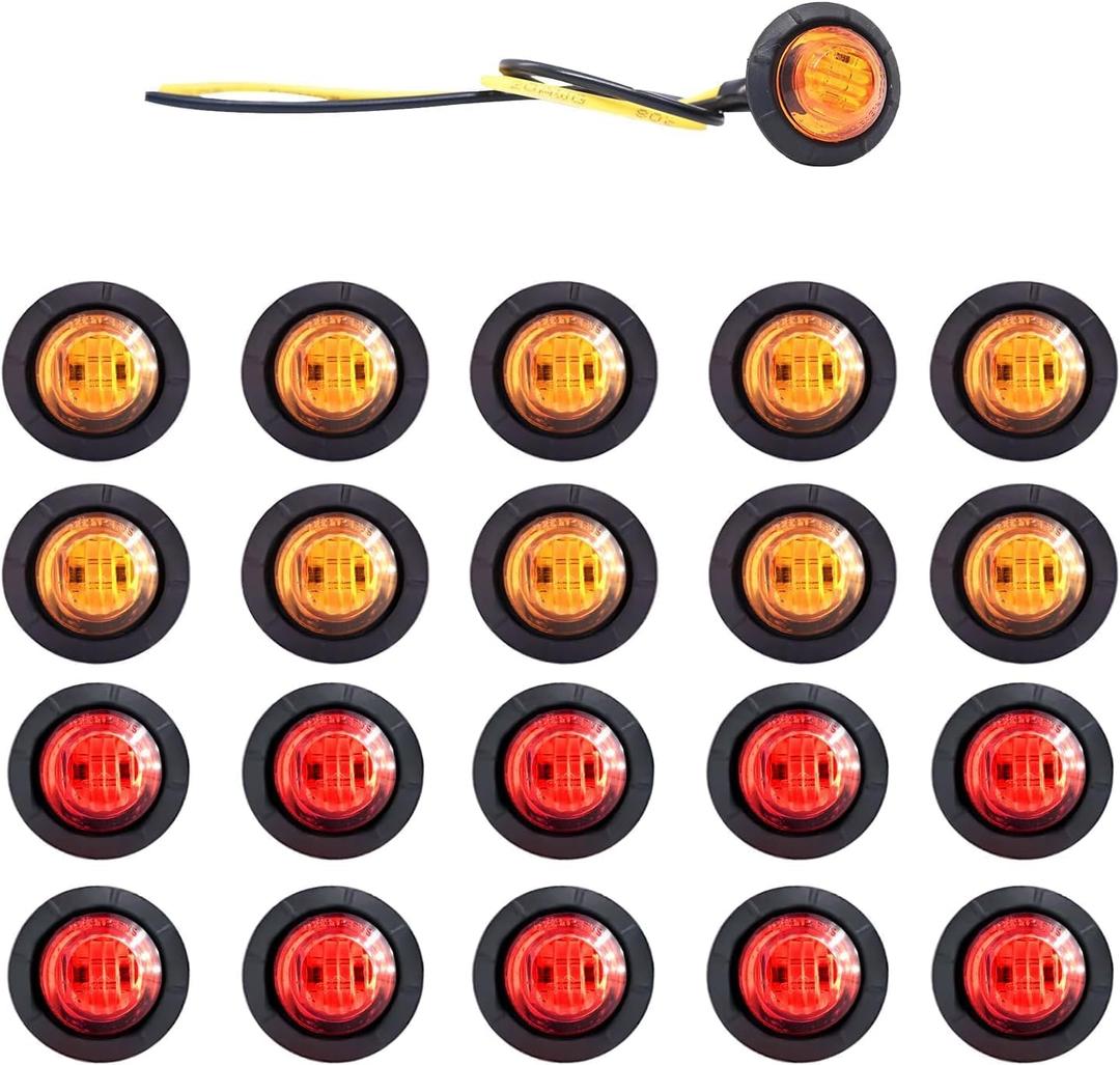 20pcs 3/4 Inch LED Marker Lights - 3rd Gen Round Mini Amber/Red Clearance Lights for Truck, Trailer, RV, Bus, Van, Boat, IP68 Waterproof, 12V DC