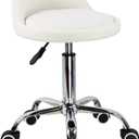 KKTONER PU Leather Round Rolling Stool with Back Rest Height Adjustable Swivel Drafting Work SPA Task Chair with Wheels (White)