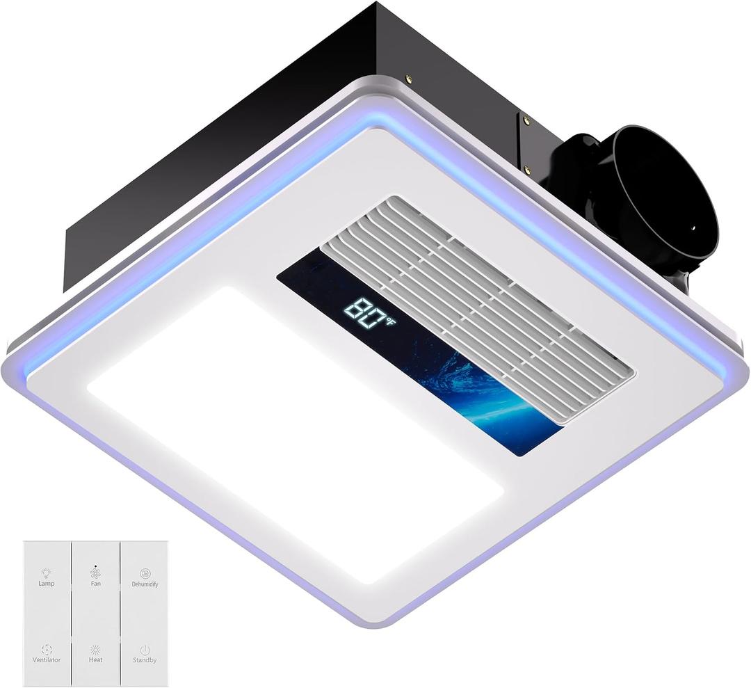 4 in 1 Bathroom Exhaust Fan with Light and Heater, 1800W Heating Power, 40W Quiet Vent Fan - 190 CFM & 1.0 Sone Bath Fan with Light, 1500lm LED Light, Easy to Install, Remote Control, UL Listed