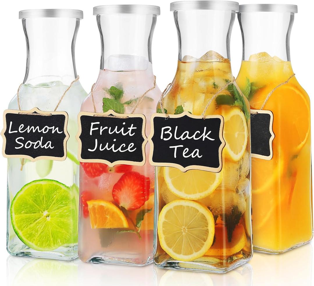 Glass Carafe with Lid, 4Pcs Square Glass Carafe Juice Containers 1 Liter Clear Glass Pitcher Drink Dispensers for Beverage Cold Water Juice Milk Iced Tea  Drink Cooler Dishwasher Safe