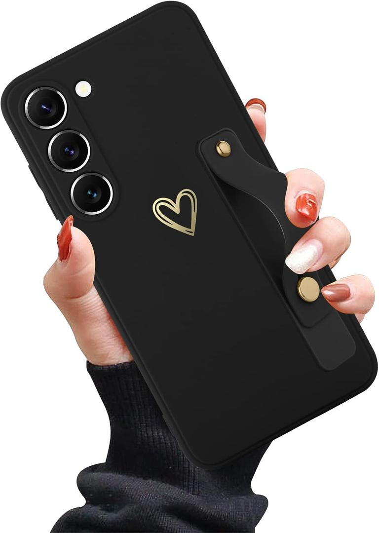 Compatible with Samsung Galaxy S23 Case for Women Girls, Cute Gold Love Heart Pattern with Wrist Hand Holder Stand Soft Silicone Kickstand Protection Cover (Black)