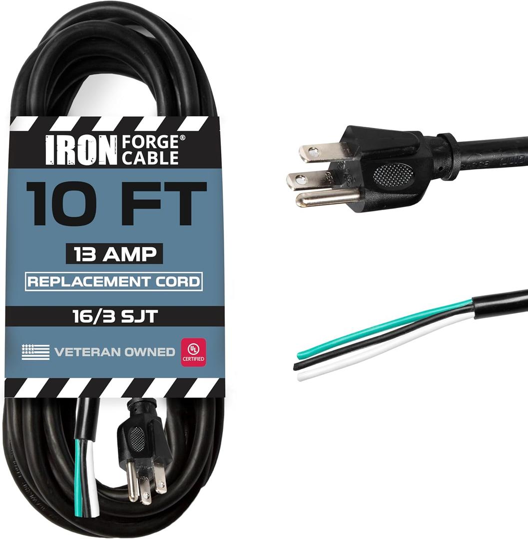 Iron Forge Cable 16 Gauge Power Cord Replacement - 10ft,15 Amp Black Heavy Duty, 16/3 SJT 3 Prong Cable - for Appliances & Power Tools, NEMA 5-15P