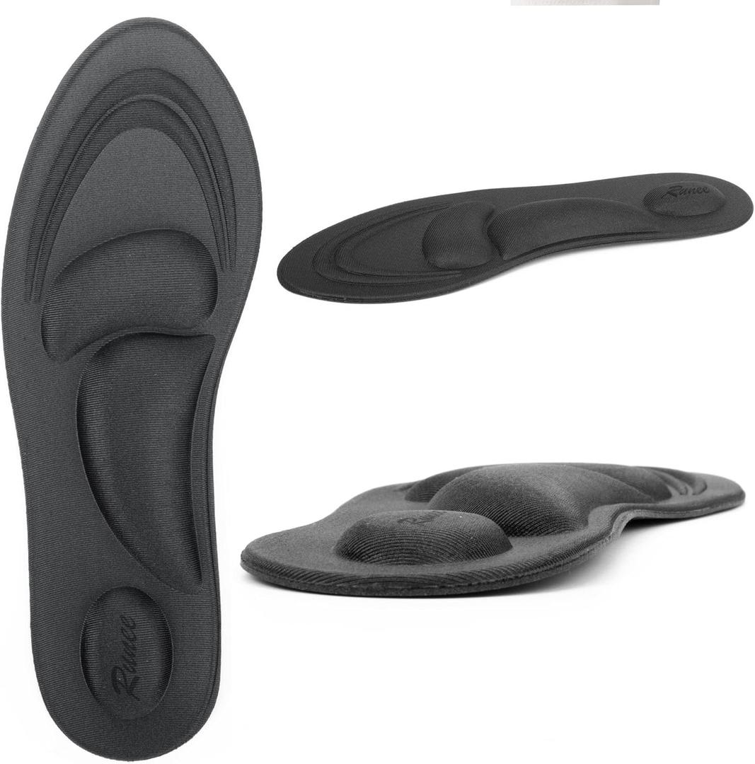 Runee Memory Foam Comfort Insole - Help Against Plantar Fasciitis and Foot Pain. Cushioning Metatarsal, Arch Support and Heel Support (Black, Small)