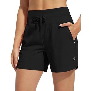 baleaf Women's 5" Swim Board Shorts High Waisted Quick Dry UPF 50+ Swimsuit Swimming Bottoms with Boxer Liner Zipper Pockets M Black
