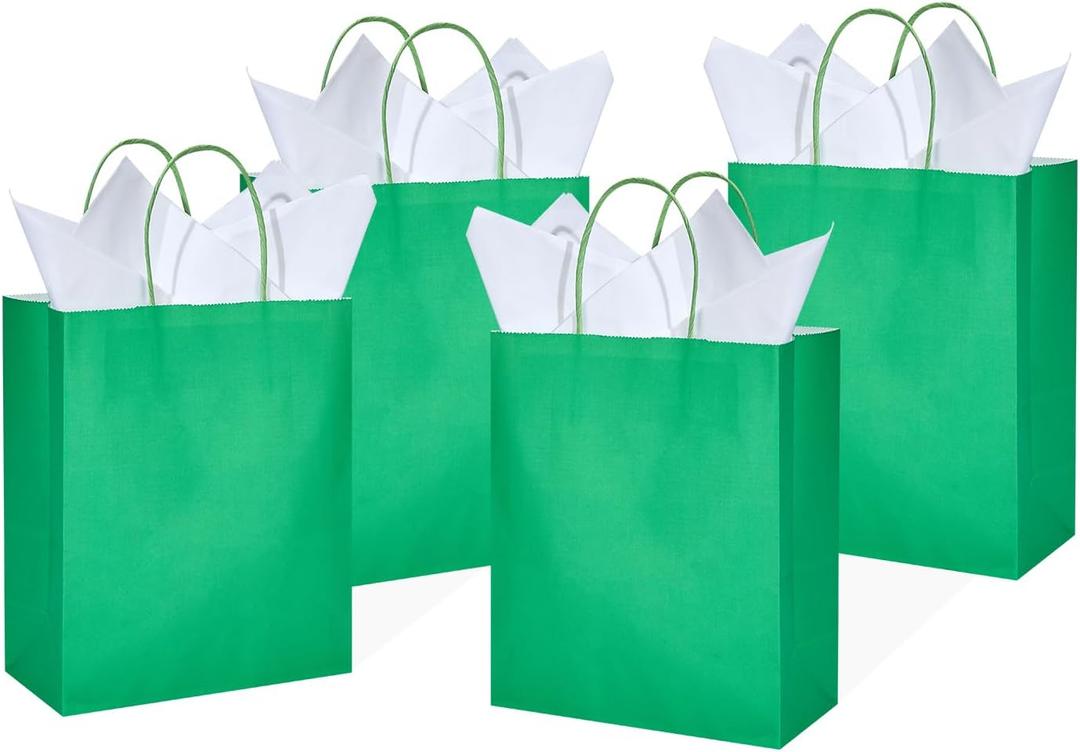 DjinnGlory 24 Pack Medium Green Paper Gift Bags with Handles and White Tissue (10''x8''x4'') for Party Favors Goodies, Small Business, Care Packages (Solid Green)