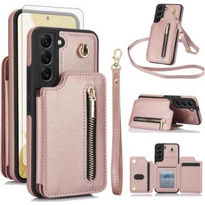 Asuwish Phone Case for Samsung Galaxy S22 5G RFID Wallet Cell Cover with Tempered Glass Screen Protector Crossbody Strap Credit Card Holder Slot Stand S 22 22S 4G G5 6.1 inch Women Men Rose Gold