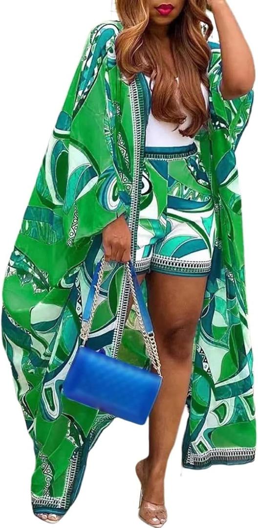 QegarTop Kimono Shorts Set for Women Two Piece Summer Vacation Outfits Flowy Beach Cover up Duster (Green, M)