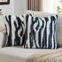FUTEI Pack of 2 Faux Fur Plush Throw Pillow Covers 24x24 Inch Soft Tie Dye Striped Textured Farmhouse Decorative European Cushion Covers Modern Home Decor for Couch Bed Living Room, Navy Blue White