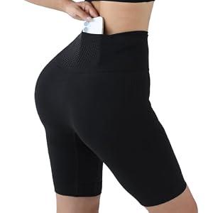 Clbort Women's Running Shorts, High Waisted Compression Shorts with 360° Waistband Pocket, Tummy Control Workout Biker Yoga Shorts Black, Size S