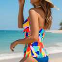 Women Halter Tankini Swim Top - Tummy Control Swimsuit Bathing Suit Top Front Tie Knot Swim Top Only 2025 Color Block (M)