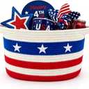 Patriotic Storage Basket for 4th of July, Woven Shelf Toy Basket, Cotton Rope Storage Bin with Handles, Rope Baskets for Gifts, Foldable Organizer for Blankets, Toys, Clothes, Home Decor Basket