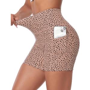 Womens High Waisted Biker Shorts with Pockets for Athletic Yoga Gym Running Workout Summer (Medium, Blush Beige Leopard)