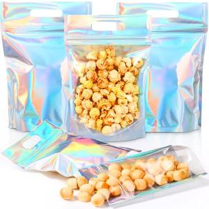 Teenyyou 60 Pcs Iridescent Snack Bags with Handles Reusable Plastic Holographic Gift Bags Colorful Candy Treat Goodie Cookie Handbags for Baby Shower Halloween Birthday Party Favors Supplies