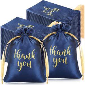 Roowest 100 Pcs Thank You Satin Gift Bags Drawstring Jewelry Candy Pouches for Wedding Bridal Shower Baby Shower Favor Drawstring Bag for Birthday Holiday Party(5 x 7 Inch,Navy Blue)