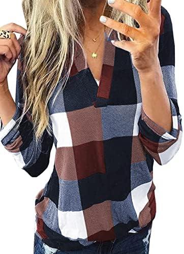 Dokotoo Womens Basic Casual V Neck Plaid Print Cuffed Long Sleeve Work Tops Blouses Shirts L