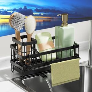 Sponge Holder for Kitchen Sink, 304 Stainless Steel Rustproof Kitchen Sink Organizer with Removable Drain Tray, Storage Organization Soap Dispenser Storage with One Sponge Cloth