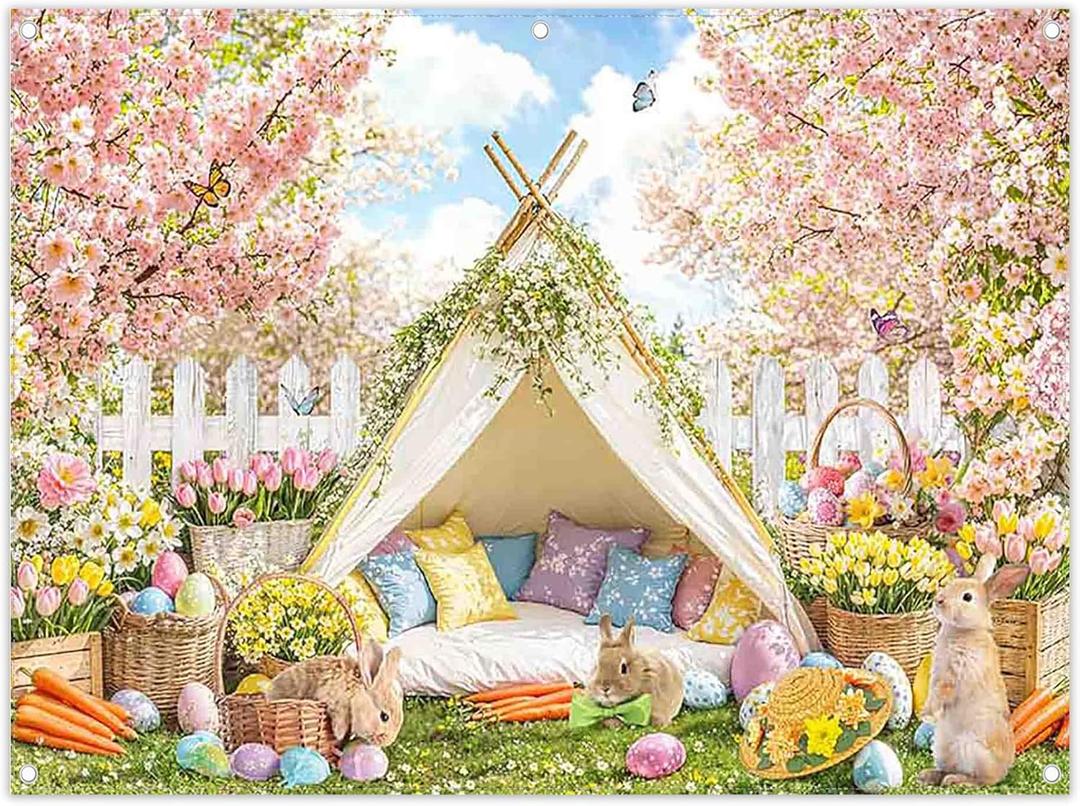 8x6ft Fabric Spring Easter Tent Backdrop Bunny Colorful Eggs Garden Flower Butterfly Fence Photography Background Kids Party Festival Party Decor Photo Props