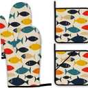 Cute Fish Oven Mitts and Pot Holders Set,Boho Kitchen Decor Heat Resistant Non Slip Hot Pads and Oven Mitt for Chef Cooking Baking BBQ Mom Girl Gifts(4 Piece Set)