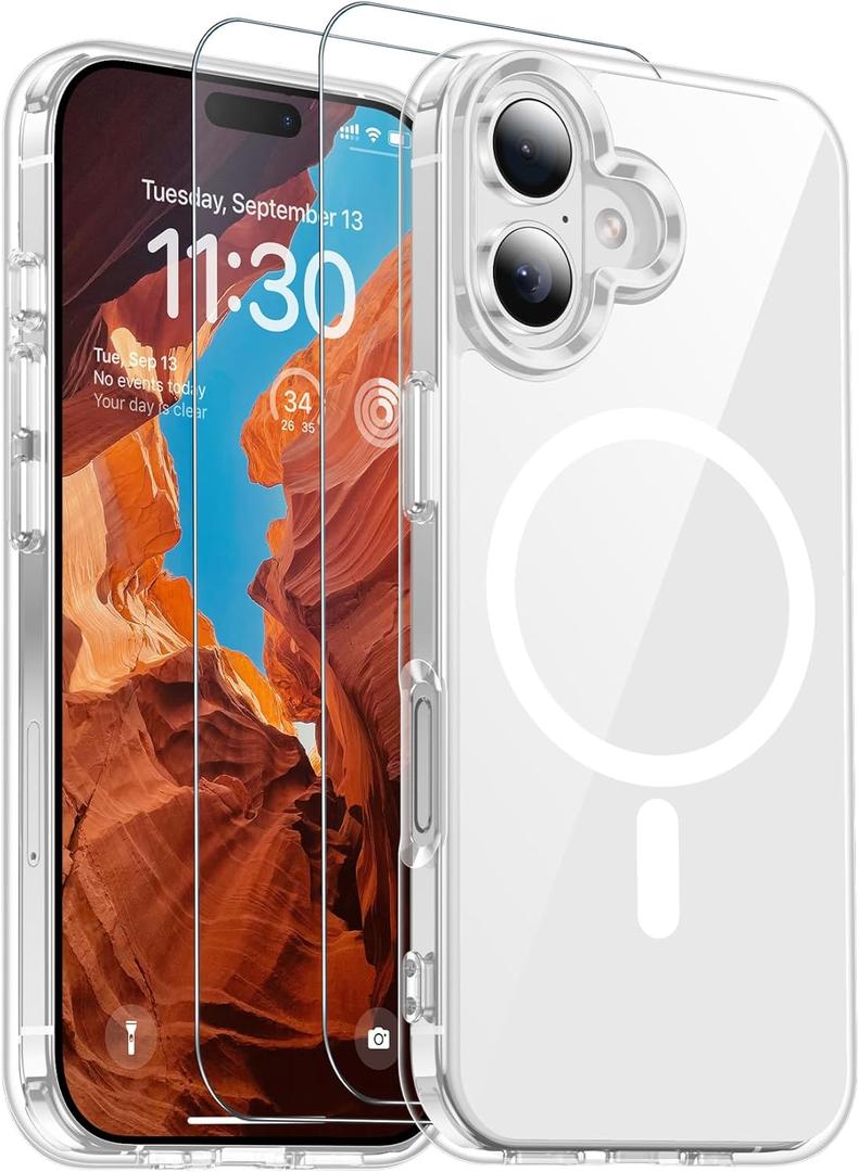 SPIDERCASE for iPhone 17 Case, Magnetic Clear Case with 2PCS Tempered Glass Screen Protector Slim Phone Case for iPhone 17 6.3'', Clear