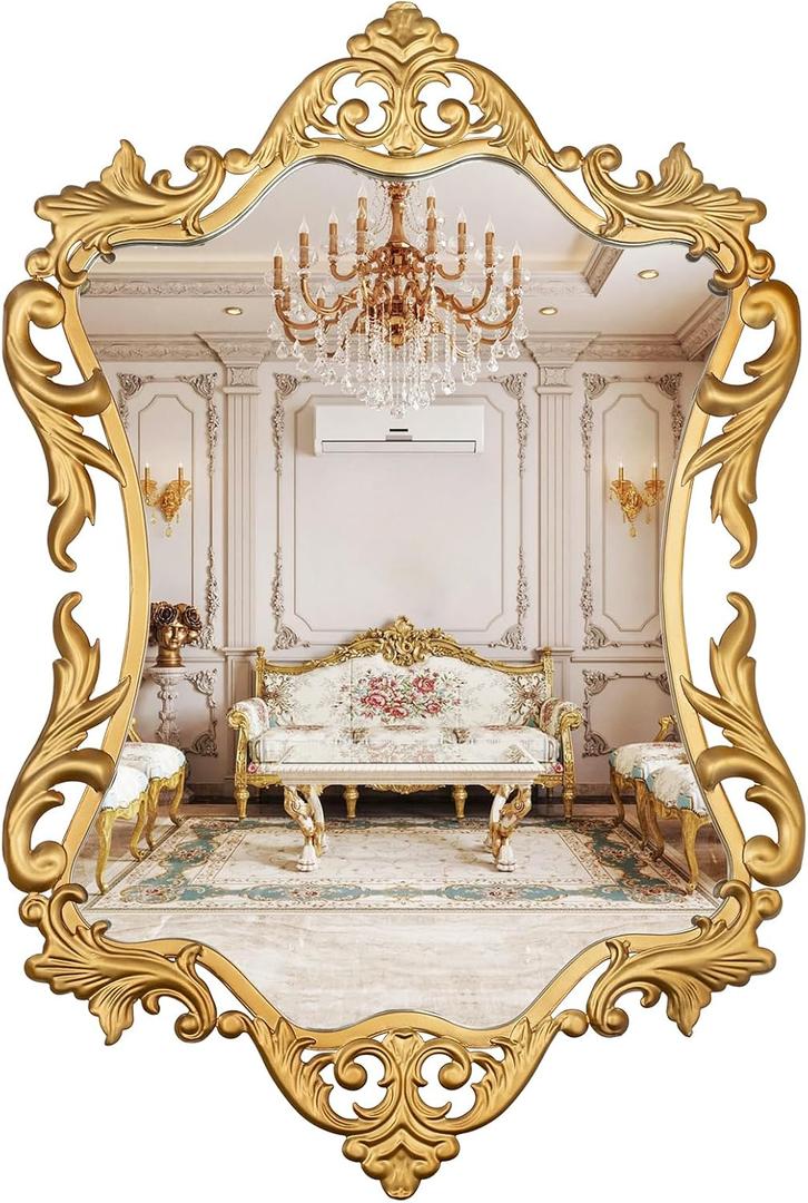 Gold Baroque French Vintage Wall Mirror- 17 x 26.5in Decorative Mirror for Bathroom, Bedroom, Living Room, Hallway