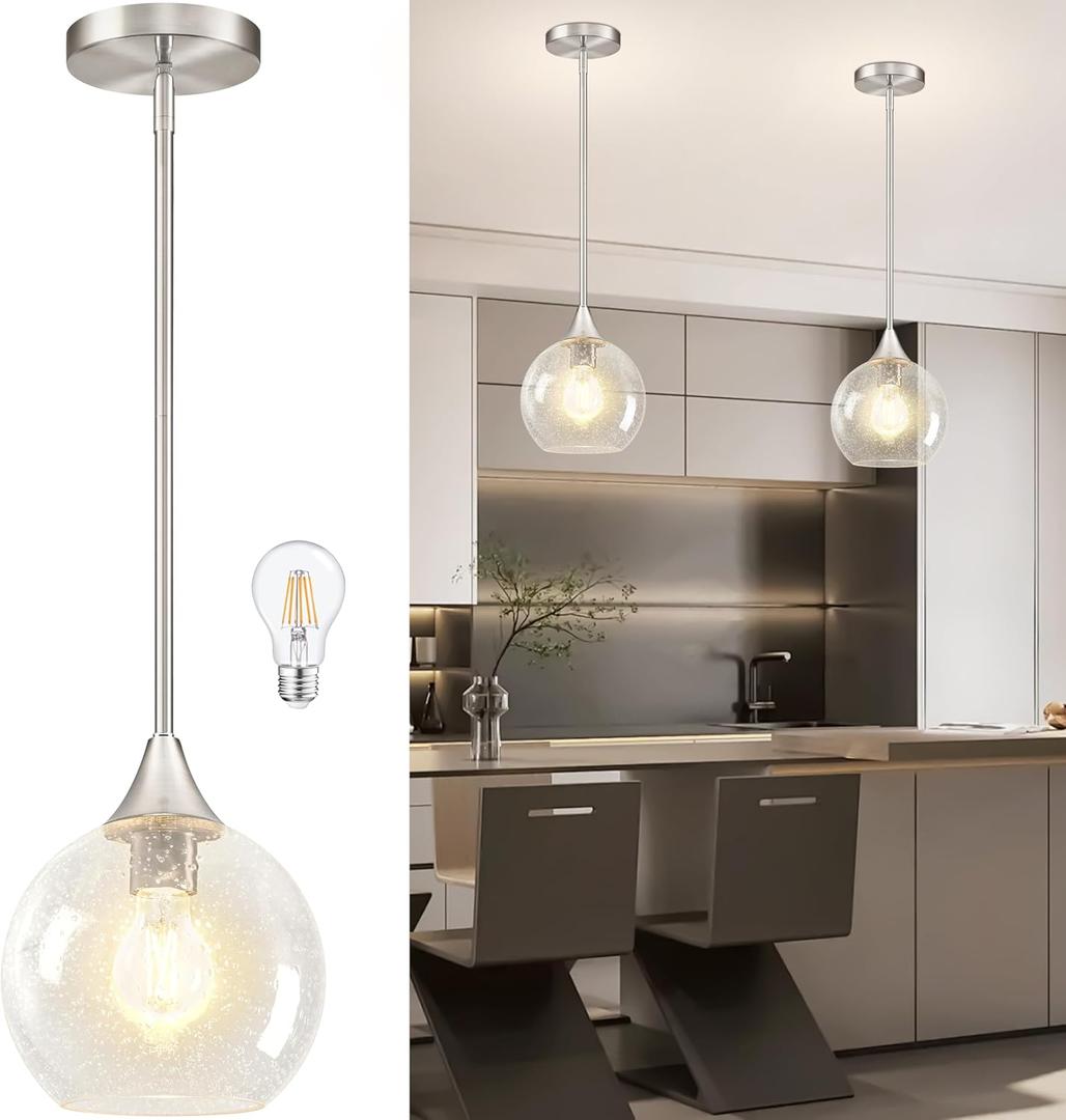 8" Clear Glass Modern Pendant Light Kitchen Island Mid Century Brushed Nickel Modern Pendant Lighting with Glass Globe Modern Hanging Pendant Light for Dining Room FoyerBulb Incl.
