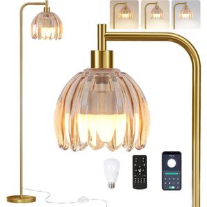 Glass Floor Lamp for Living Room,Bedroom,Mid Century Modern Standing Lamp with Remote,Gold Dimmable Brass Tall Lamp Gtained Mini Floor Light Vintage Retro Arc Boho Bohemian