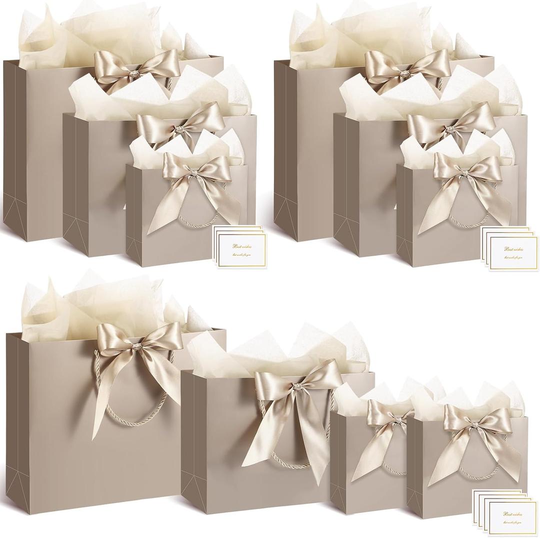 Maitys 10 Set Gift Bags Assorted Sizes with Ribbon Greeting Card Tissue Paper (3 Large 12.6", 3 Medium 11", 4 Small 7.5") Champagne Luxury Gift Bags for Graduation Anniversary Wedding Holiday Birthday