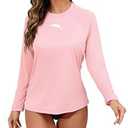 Halcurt Women's Long Sleeve Rash Guard Swim Shirt with Built in Bra Lightweight UPF50+ Quick Dry Swimsuit Top Pink L