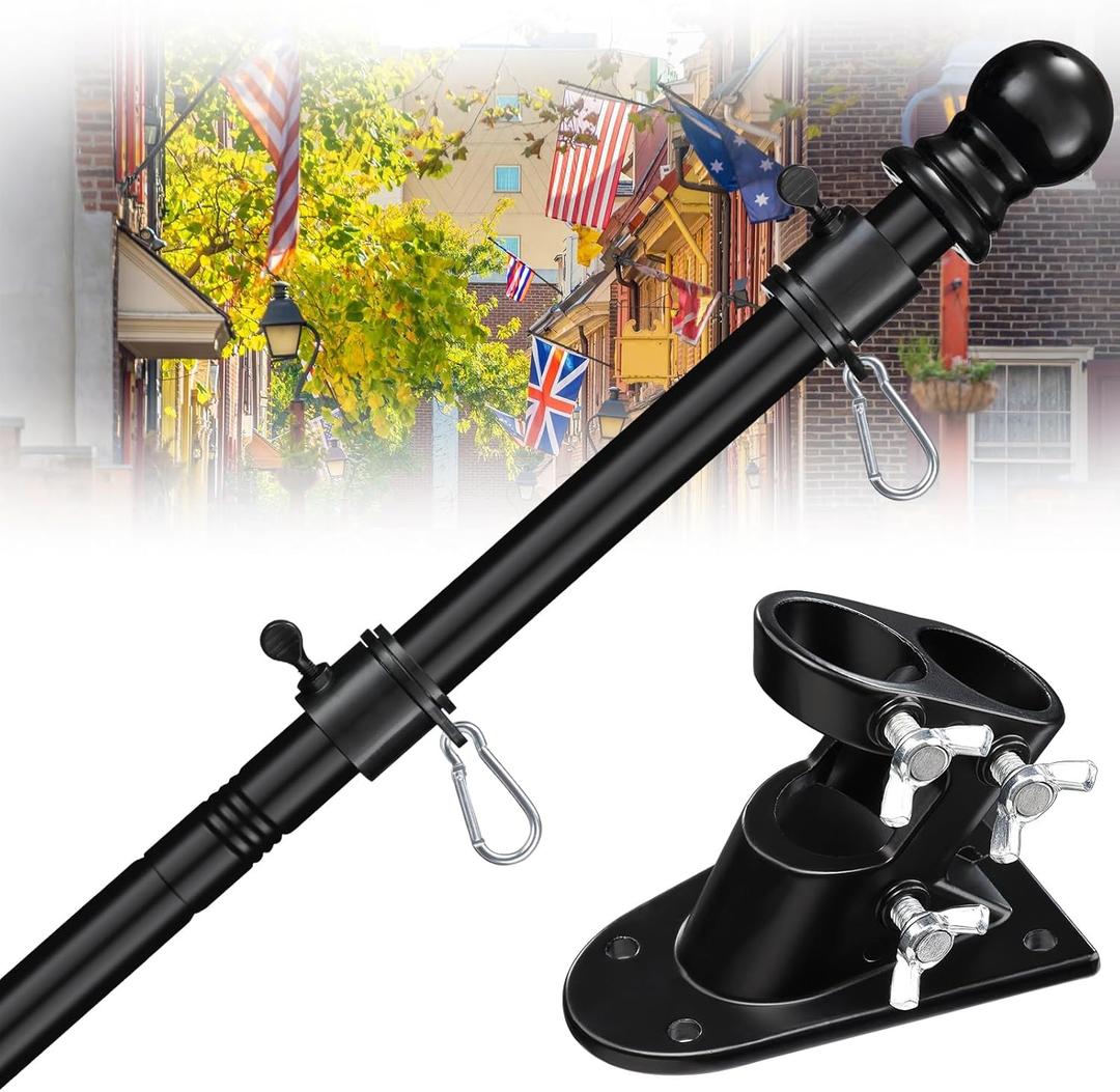 House Flag Pole Kit - 5ft Tangle Free Flag Pole Holder for Outside House - Heavy Duty Stainless Steel Flag Poles for 3x5 Flags Outdoor,Metal Porch Flagpole with Bracket - Black (5FT)