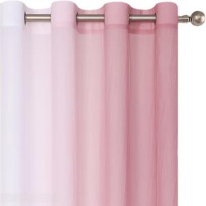 Purainbow Chiffon Sheer Ombre Curtains for Living Room, Grommet Special Crinkle Gradient Pink Semi Sheer Window Treatments Privacy with Light for Bedroom Kids Room, All Season, 52"x63"x2
