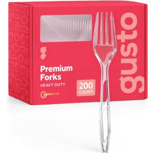 GUSTO [200 Count] Premium Heavyweight Disposable Forks - Clear Plastic Forks, Plastic Cutlery, Perfect for Parties, Events, and Catering (Formerly Comfy Package)