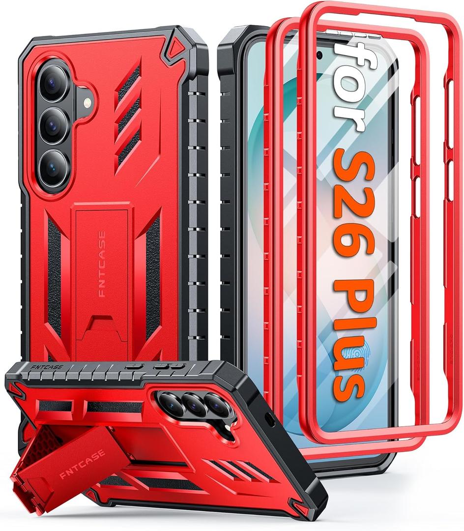 FNTCASE for Samsung Galaxy S26+ Plus Case: with Kickstand | 2 Front Frames | Built-in Screen Protector Military Grade Drop Proof Protection Rugged Protective Phone Case for S26 Plus 6.7 Inch Red