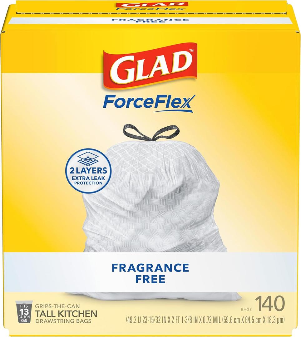 Glad ForceFlex Tall Kitchen Drawstring Trash Bags, 13 Gal, Fragrance Free, 140 Ct 