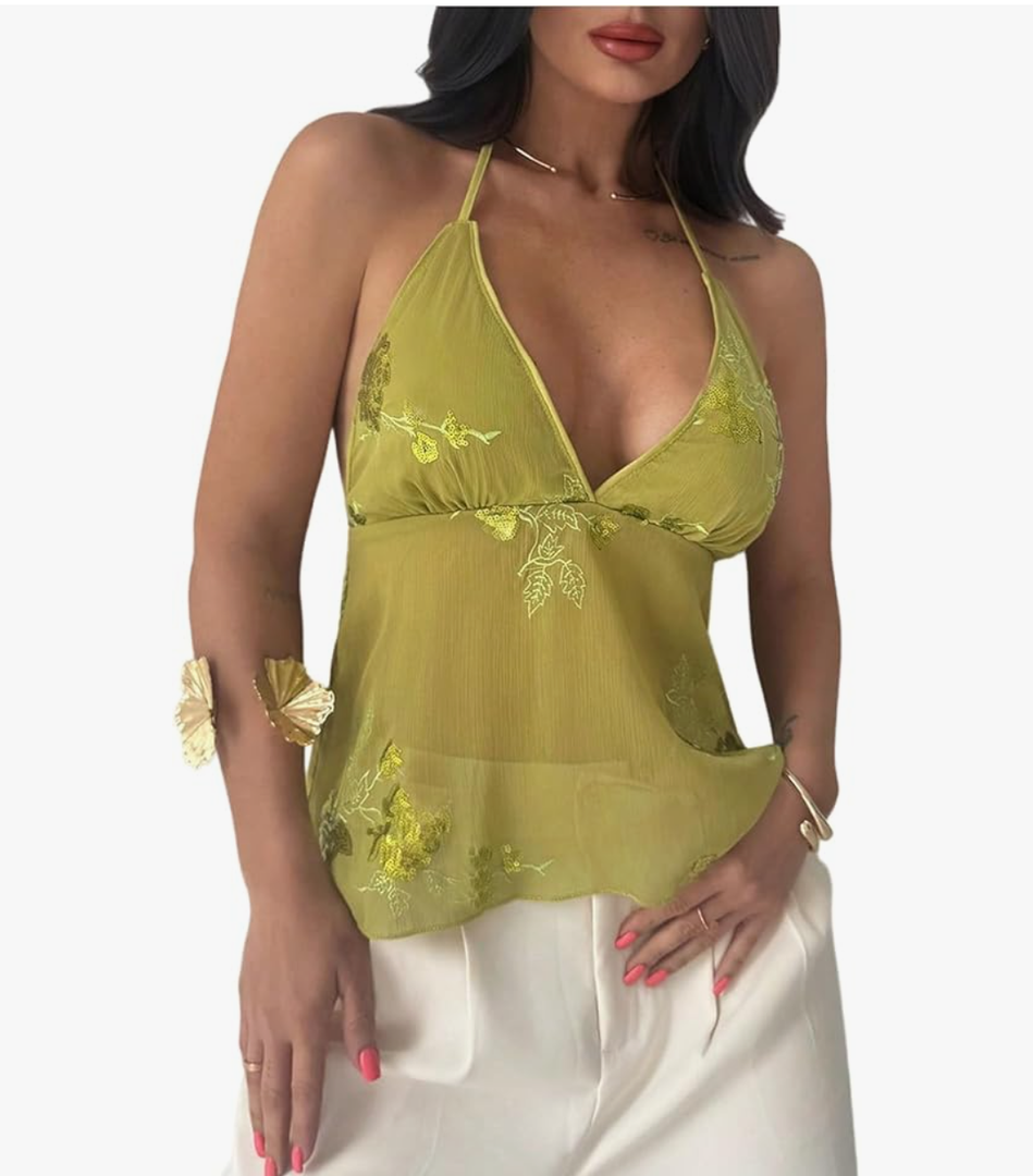 SHENHE Women's Y2k Floral Sequin Halter Top Low Cut Backless Sheer Chiffon Ruffle Flowy Tank, Size: M