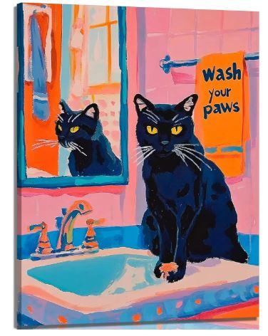 Funny Black Cat Canvas Wall Art Wash Your Little Paws Trendy Cat Painting Picture Wall Decor Colorful Cute Cat Poster Print Artwork for living room bedroom toilet bathroom Home Decoration, 24x16