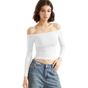 SUUKSESS Women Off Shoulder Double Lined Long Sleeve Shirts Basic Going Out Tops (Medium, Snow White)
