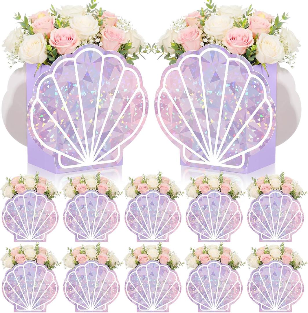 Eaasty 8 Set Mermaid Seashell Flower Boxes Centerpieces Vase Iridescent Shell Shape Gift Box Mermaid Party Favor for Bachelorette Table Baby Shower Birthday Wedding Ocean Beach Party Decor(Purple)