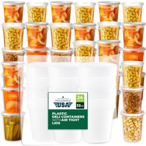 Deli Soup Quart Containers with Lids [32 Oz - 24 Pack], Plastic Food Freezer Storage Containers with Lids, Disposable Heavy Duty Microwavable Airtight To Go Takeaway Take Out Containers Cups With Lids