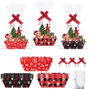12 Sets Red Black Gingham Christmas Gift Basket Empty with Cellophane Bags 10x7, Red Black Checkered Christmas Basket to Fill with Bows Ribbons for Xmas Holiday Party Supplies