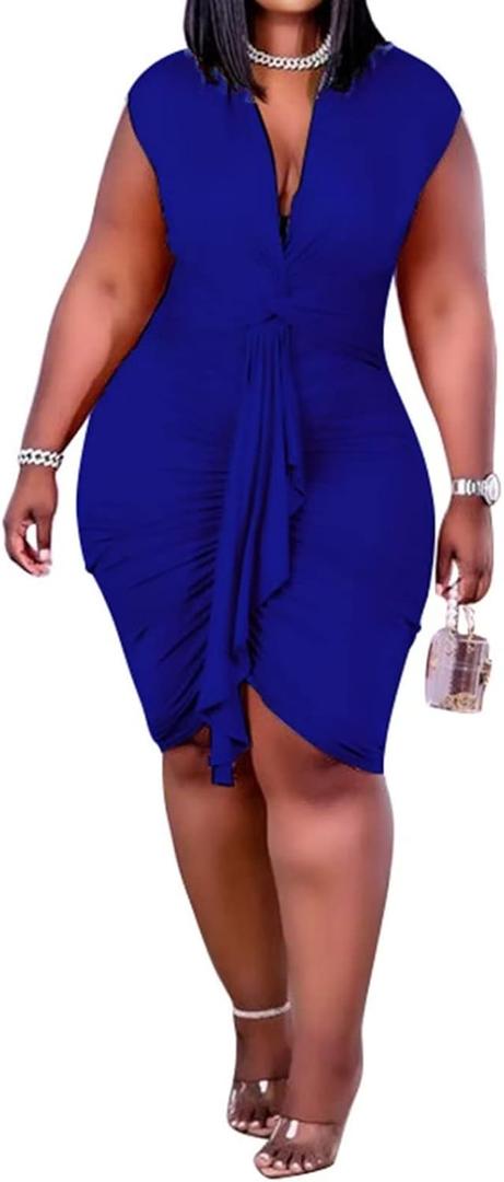 IyMoo Women's Sexy Plus Size Bodycon Sleeveless Drawstring Ruched Mini Club Dresses (Blue), XL