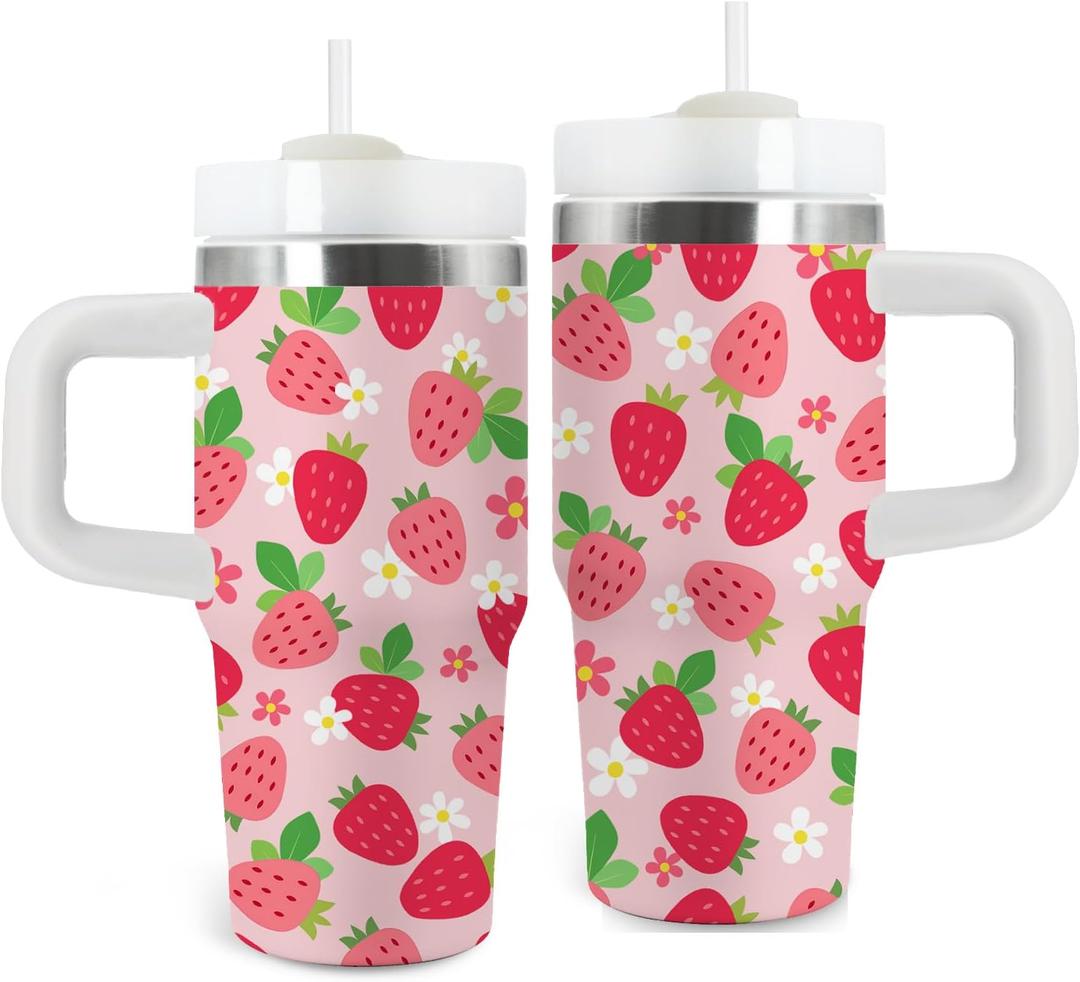 Strawberry Gifts for Girls - 14oz Pink Kids Strawberry Tumbler with Handle and Straw, Stainless Steel Insulated Water Cup, for School, Travel - Strawberries Themed Children Birthday Gift Cup(1pc)