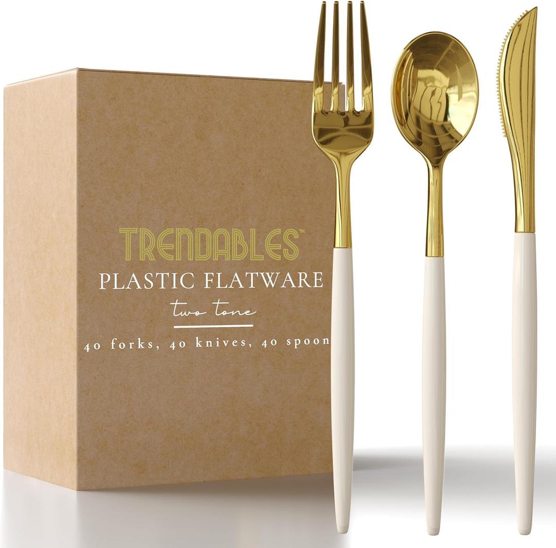 Trendables 120 Pack Disposable Silverware Set - Plastic Cutlery Dinnerware - Includes 40 Plastic Forks - Plastic Spoons - Plastic Knives - Ivory & Gold Plastic Silverware Plastic Utensils Party Set