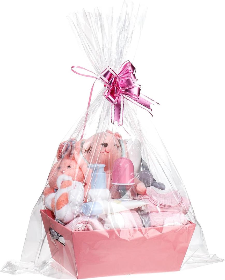 6Set Baskets for Gifts Empty - Sturdy Kraft Gift Basket Kit with Cellophane Wrap Pull Bows for Baby Showers Mother Family's Birthday Gifts Wedding Celebration Wrapping, Pink