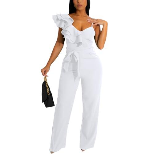 HBQ Womens Casual One Piece Jumpsuits V-Neck Sleeveless Ruffle Backless Belted Elegant Romper Wide Leg Pant Sexy Party Clubwear Overalls-White-XXL HBQ Womens Casual One Piece Jumpsuits V-Neck Sleeveless Ruffle Backless Belted Elegant Romper Wide Leg Pant Sexy Party Clubwear Overalls-White-XXL